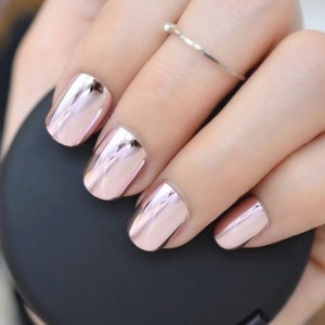 Glue On Press On Nails - Short-Medium Rounded Square - Light Pink Chrome