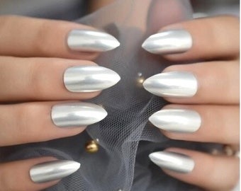 Glue On Press On Nails - Medium-Long Stiletto - Silver Matte Metallic