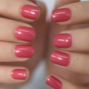 Glue On Press On Nails - Short Rounded Square - Crimson Red Shimmer