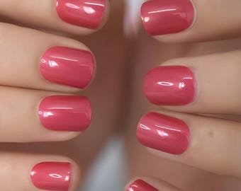 Glue On Press On Nails - Short Rounded Square - Crimson Red Shimmer