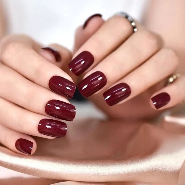 Glue On Press On Nails - Short-Medium Rounded Square - Dark Burgundy Red