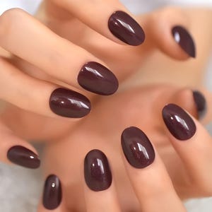 Glue On Press On Nails - Short-Medium Almond - Dark Burgundy Shimmer