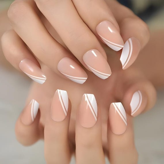 Glue On Press On Nails - Medium Ballerina - French Sheer Nude and Angled  White - Etsy.de