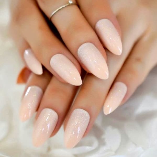 Glue On Press On Nails - Medium-Long Almond - Pale Peach Glitter