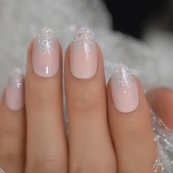 Glue On Press On Nails - Medium Almond - Opaque Pink with Silver Glitter French Tips