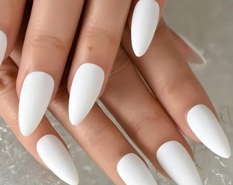 Glue On Press On Nails - Long Almond - White Matte