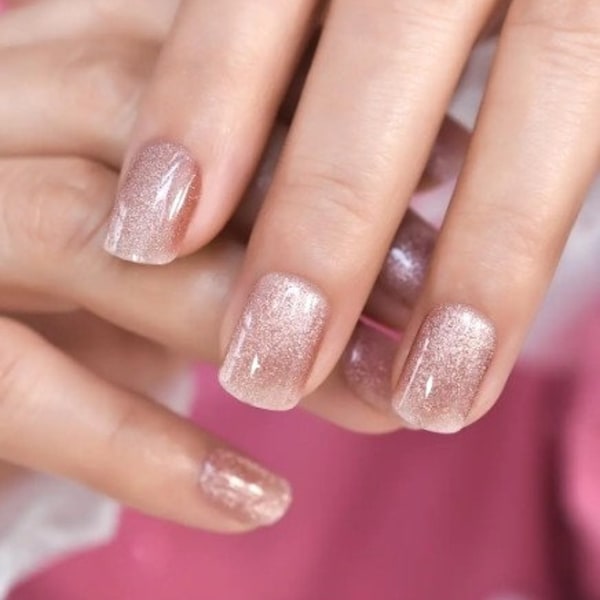 Glue On Press On Nails - Petite Short Rounded Square - Soft Pink Glitter