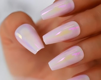 Glue On Press On Nails - Extra Long Ballerina/Coffin - Light Pink Chrome/Holographic