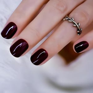 Glue On Press On Nails - Short Rounded Square - Dark Burgundy