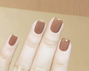 Glue On Press On Nails - Petite Short Rounded Square - Caramel Brown