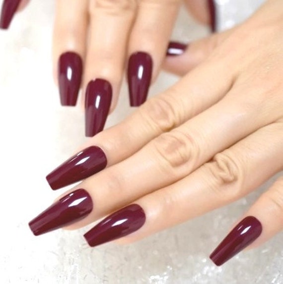 Glue on Press on Nails Long Ballerina coffin Dark Burgundy Etsy