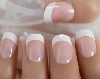 Glue On Press On Nails - Short Rounded Square - French Pink and White