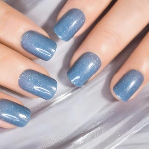Glue On Press On Nails - Short-Medium Rounded Square - Steel Blue Sparkle (Semi-Transparent)