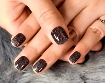 Glue On Press On Nails - Petite Short Rounded Square - Dark Brown Sparkle