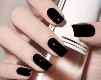 Glue On Press On Nails - Medium Long Square - Black