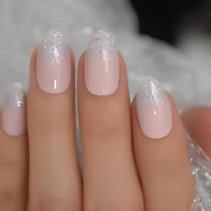 Glue On Press On Nails - Medium Almond - Opaque Pink with Silver Glitter French Tips