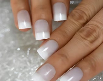 Short Rounded Square Press On Nails - White-on-White French White Tip, 24pc
