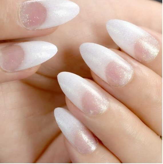 Glue on Press on Nails Medium-long Almond French Clear and White Glitter 