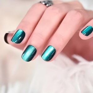 Glue On Press On Nails - Petite Short Rounded Square - Teal Green Sparkle