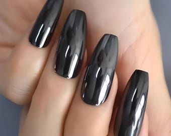 Glue On Press On Nails - Extra Long Ballerina/Coffin - Black Chrome Metallic