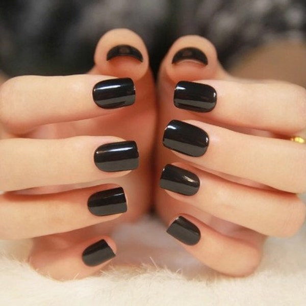 Glue On Press On Nails - Short Rounded Square - Black