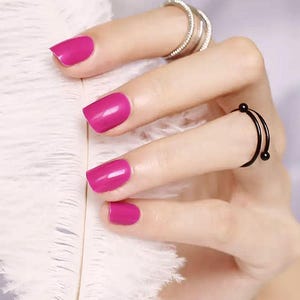 Glue On Press On Nails - Short Rounded Square -  Fuschia Purple