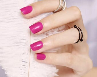Glue On Press On Nails - Short Rounded Square -  Fuschia Purple