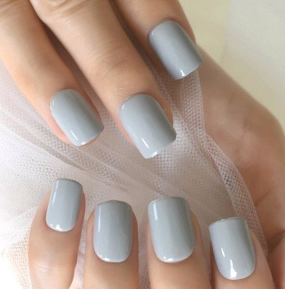 Glue on Press on Nails Short Rounded Square Light Gray Etsy UK