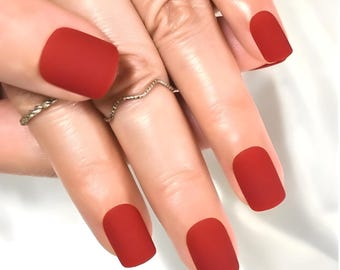 Glue On Press On Nails - Petite Short Rounded Square -Red Matte