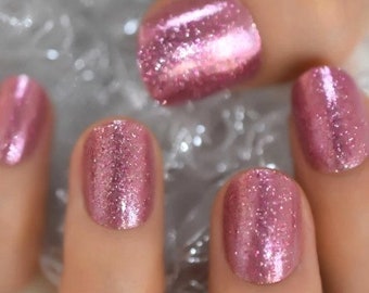 Glue On Press On Nails - Short Rounded Square - Medium Pink Glitter