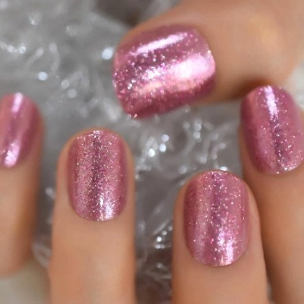 Glue On Press On Nails - Short Rounded Square - Medium Pink Glitter