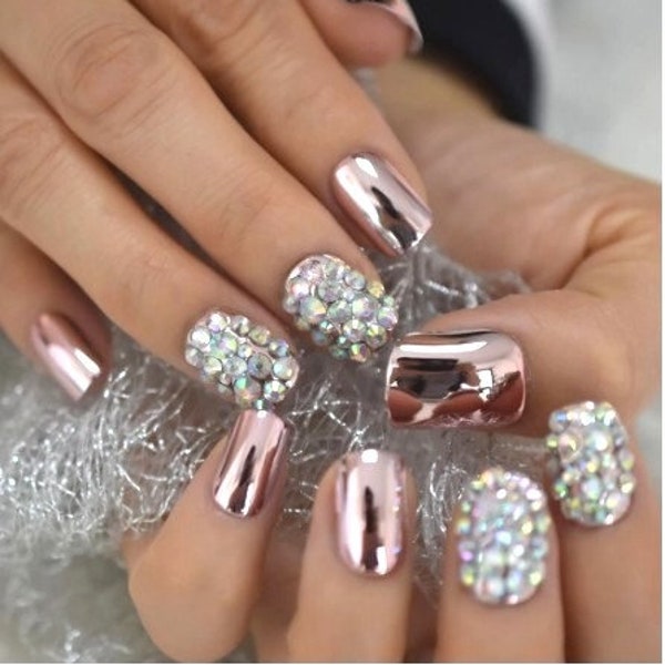 Glue On Press On Nails - Short-Medium Rounded Square - Pink Chrome and Rhinestones