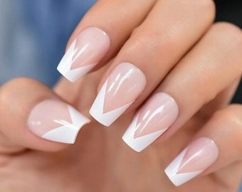 Glue On Press On Nails - Medium Ballerina - French V Shape Sheer Pink and White