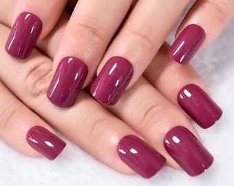 Glue On Press On Nails - Short-Medium Rounded Square -  Burgundy