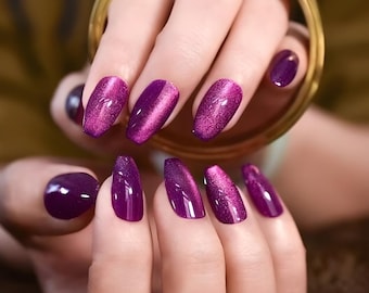 Glue On Press On Nails - Medium-Long Ballerina – Purple Sparkle Holographic (Semi-Transparent)