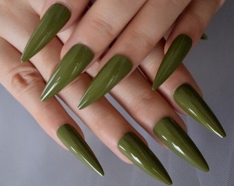 Glue On Press On Nails - Extra-Long Stiletto - Olive Green