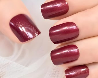 Glue On Press On Nails - Short-Medium Rounded Square - Cranberry Red Sparkle