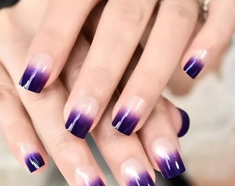 Glue On Press On Nails - Short-Medium Rounded Square - French Ombre Clear and Purple