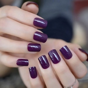 Glue On Press On Nails - Short-Medium Rounded Square - Dark Purple