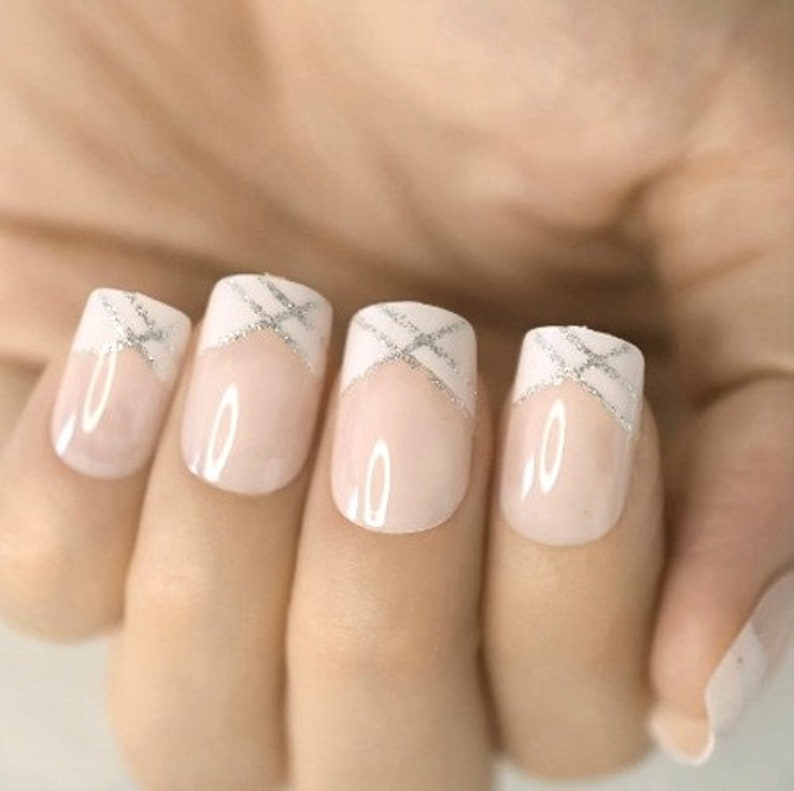 Glue On Press On Nails Short-Medium Rounded Square French Sheer Nude with White and Glitter Tips image 6