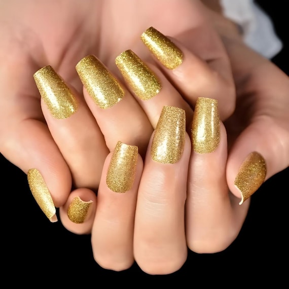 Glue on Press on Nails - Medium-long Tapered Square - Gold Glitter - Etsy