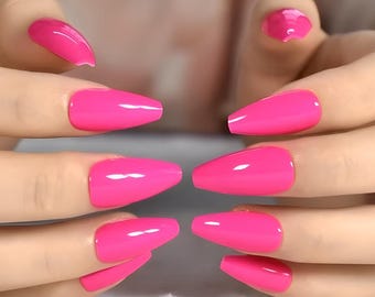Glue On Press On Nails - Medium Long Ballerina - Bright Fuschia Pink