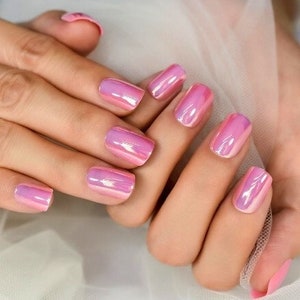 Glue On Press On Nails Short-Medium Rounded Square Pink Chrome/Holographic image 3