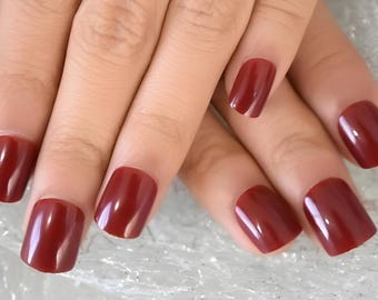 Glue On Press On Nails - Short Rounded Square - Maroon