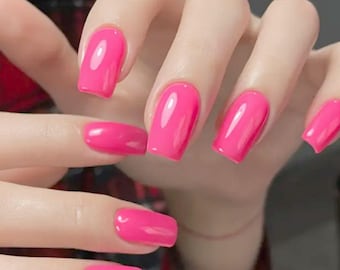 Glue On Press On Nails - Medium-Long Square - Hot Pink
