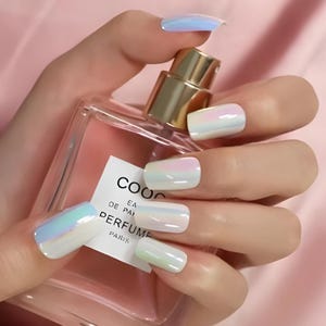 Glue On Press On Nails - Medium-Long Square - White Chrome Holographic
