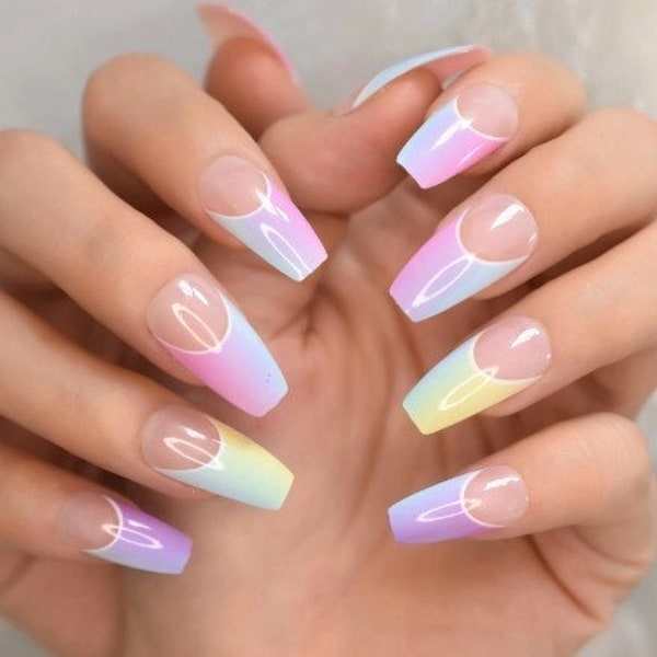 Glue On Press On Nails - Long Ballerina/Coffin - Clear with Multicolor Pastel Tips