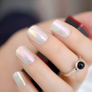Glue On Press On Nails - Short Rounded Square - White Holographic Shimmer