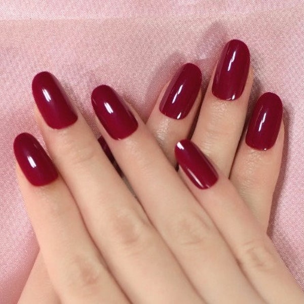 Glue On Press On Nails - Medium Oval - Dark Burgundy Red