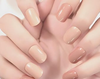 Glue On Press On Nails - Short Square-Oval - Multicolor Beige, Tan and Brown